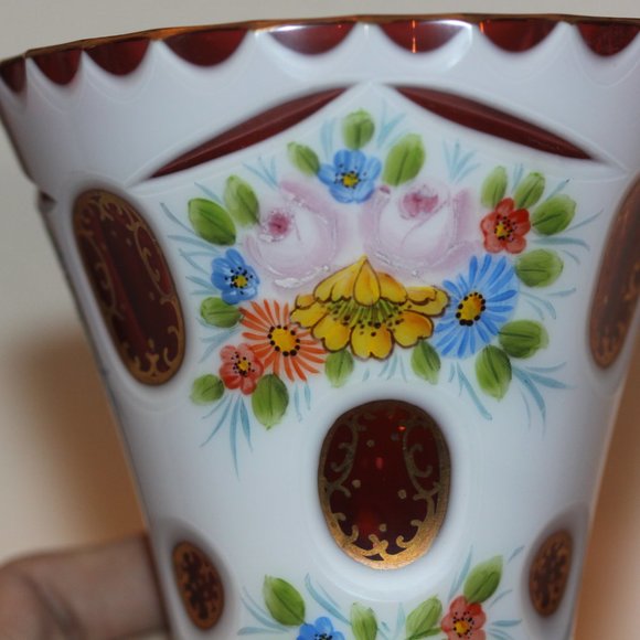 BOHEMIAN CZECH Cased Glass White Overlay Cut to Red Cranberry VASE Vintage - Picture 2 of 7
